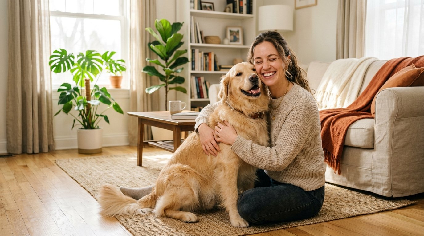 A happy pet parent hugging a golden retriever at home